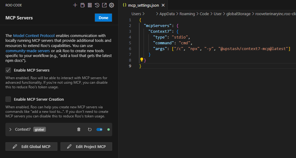 Adding Context7 to the global MCP settings
